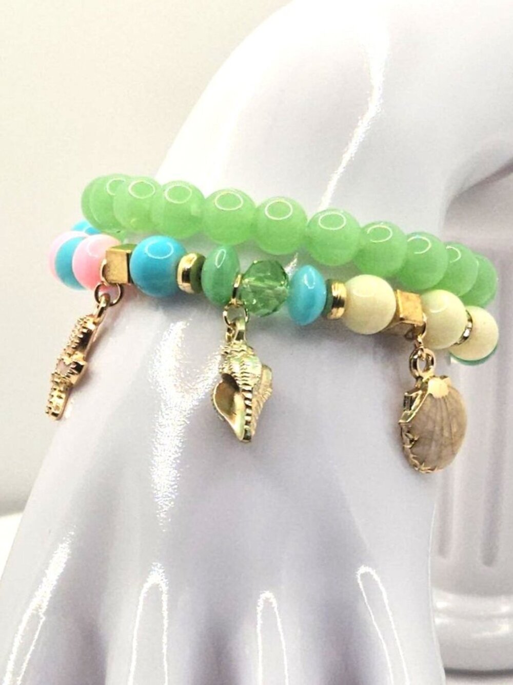 Colorful Beaded Charm Bracelet Set With Starfish & Shell Pendants